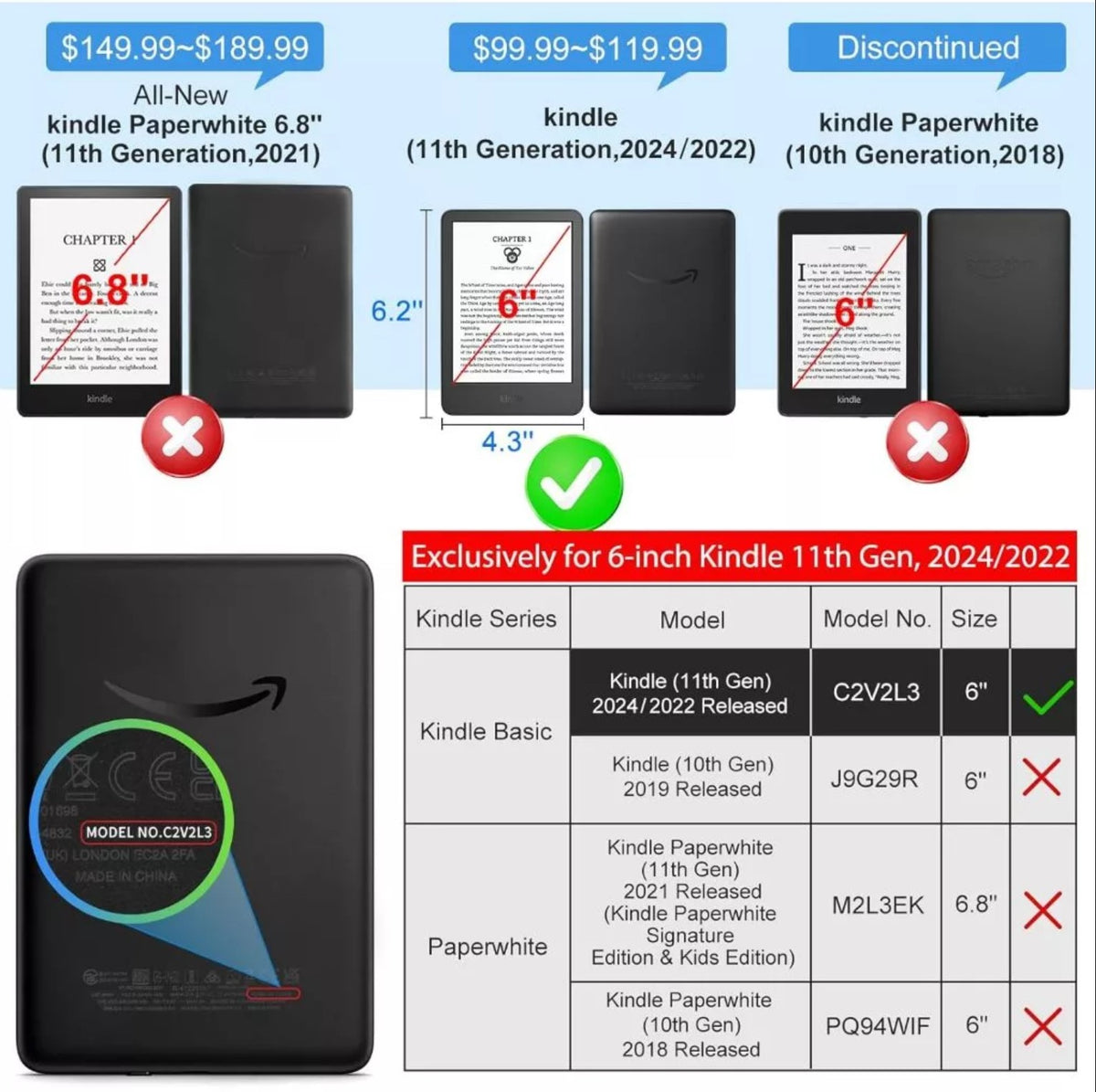 Clear Case with Smart Protective Cover NO Handle For Kindle Basic 6" Inch 2022/2024 Release
